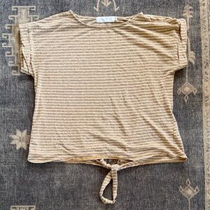 Striped Tie-Hem Short Sleeve Top - Beige